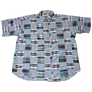 VTG ORVIS PATCHWORK MADRAS‎ Men Size XL Blue Plaid Cotton Button-Up Shirt
